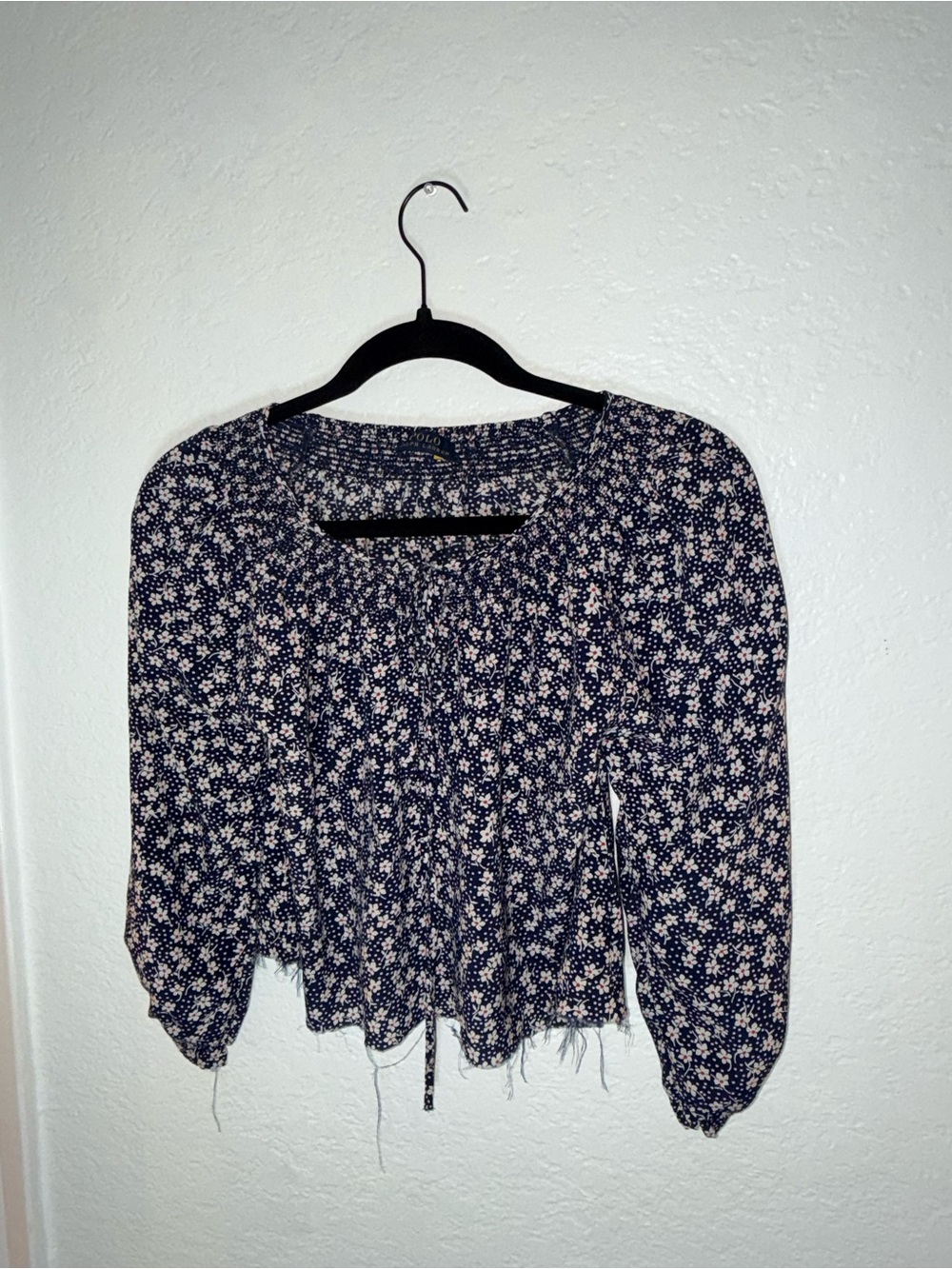 Ralph Lauren Navy Floral Square-Neck Blouse with Puff Sleeves